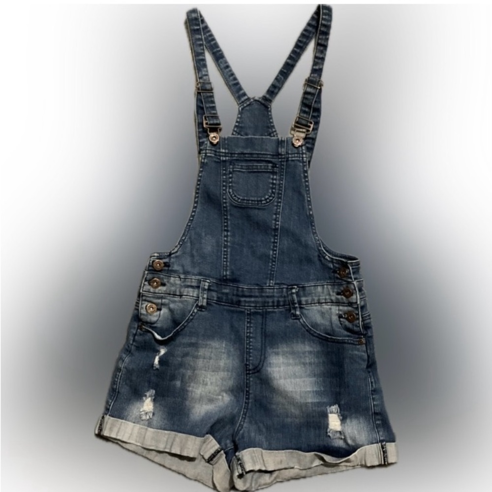 Distressed Denim Bib Overall Shorts. Women’s Size M